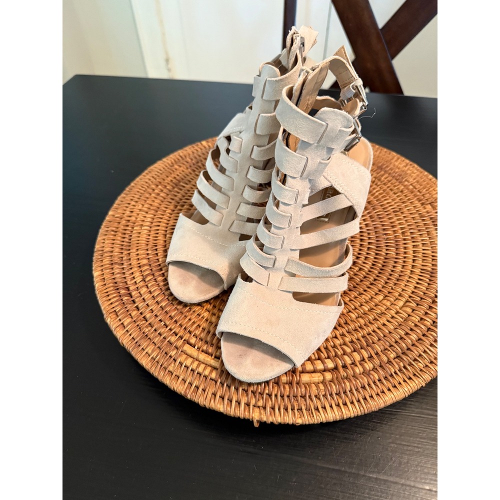 Audrey Brooke Womens Beige Suede Cage Gladiator Sandals Cone Heel Size 9